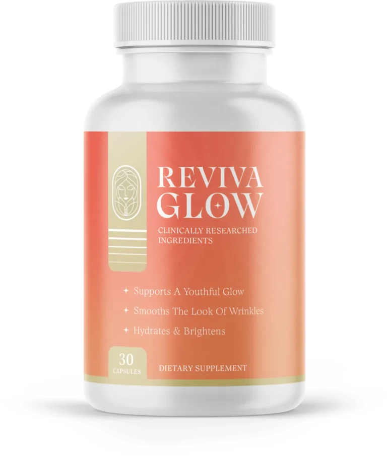 RevivaGlow bottle, a natural supplement for skin hydration, firmness, and rejuvenation with an exclusive formula